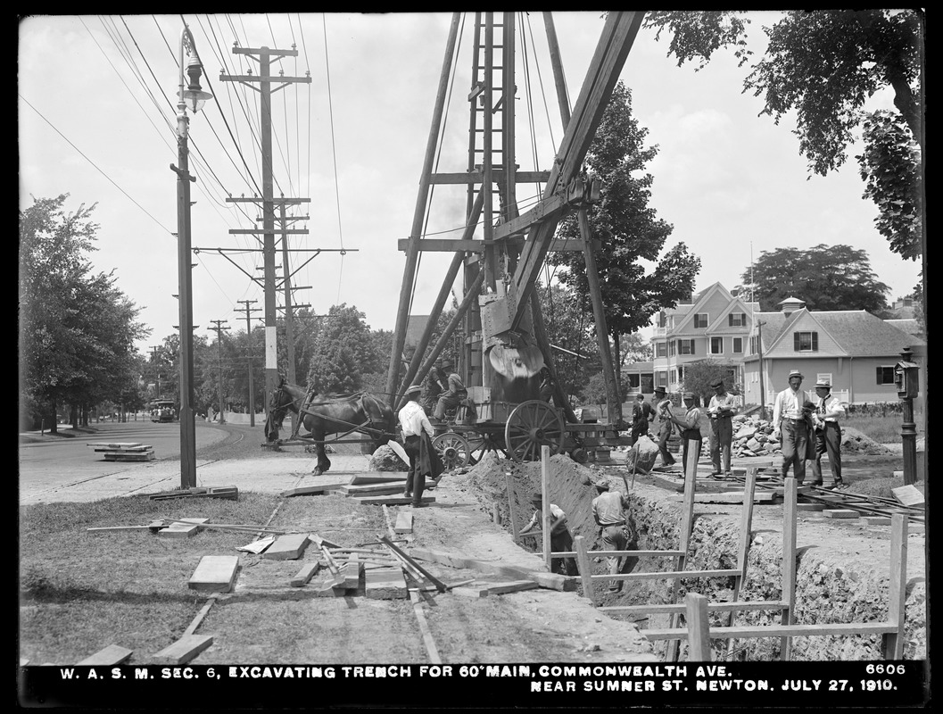 Distribution Department, Weston Aqueduct Supply Mains, Section 6, excavating trench for 60-inch main, Commonwealth Avenue near Sumner Street, Newton, Mass., Jul. 27, 1910