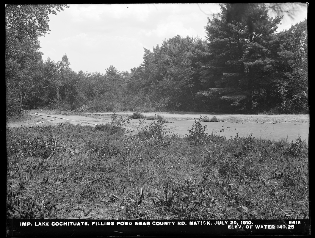 Sudbury Department, improvement of Lake Cochituate, filling pond near county road, elevation of water 140.25, Natick, Mass., Jul. 29, 1910