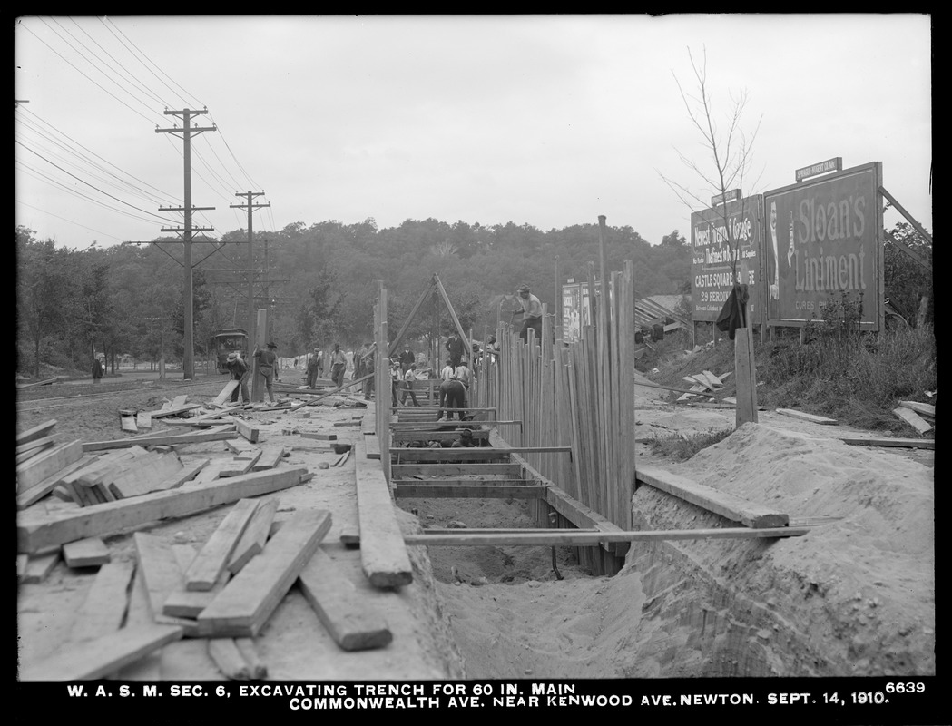 Distribution Department, Weston Aqueduct Supply Mains, Section 6, excavating trench for 60-inch main, Commonwealth Avenue near Kenwood Avenue, Newton, Mass., Sep. 14, 1910