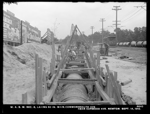 Distribution Department, Weston Aqueduct Supply Mains, Section 6, laying 60-inch main, Commonwealth Avenue near Kenwood Avenue, Newton, Mass., Sep. 14, 1910
