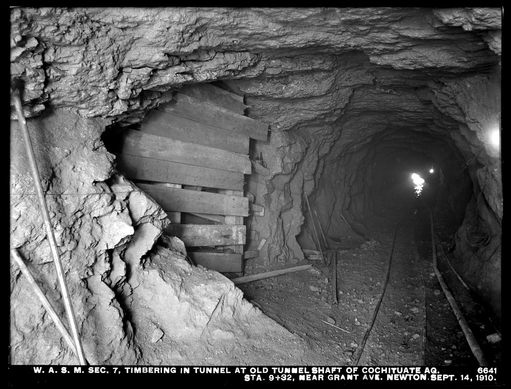 Distribution Department, Weston Aqueduct Supply Mains, Section 7, timbering in tunnel at old tunnel shaft of Cochituate Aqueduct, station 9+32, near Grant Avenue, Newton, Mass., Sep. 14, 1910