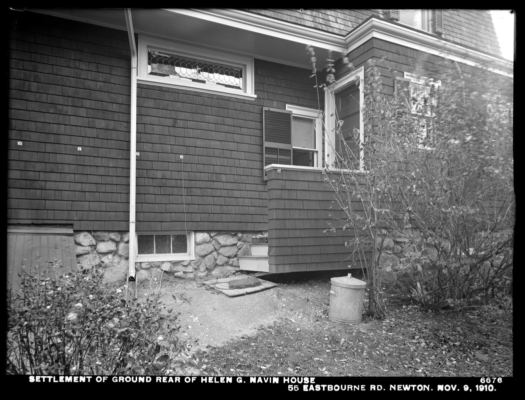 Distribution Department, Weston Aqueduct Supply Mains, settlement of ground, rear of Helen G. Navin's house, 55 Eastbourne Road, Newton, Mass., Nov. 9, 1910