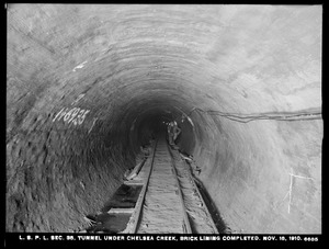 Distribution Department, Low Service Pipe Lines, Section 38, tunnel under Chelsea Creek, brick lining completed, East Boston, Mass., Nov. 18, 1910