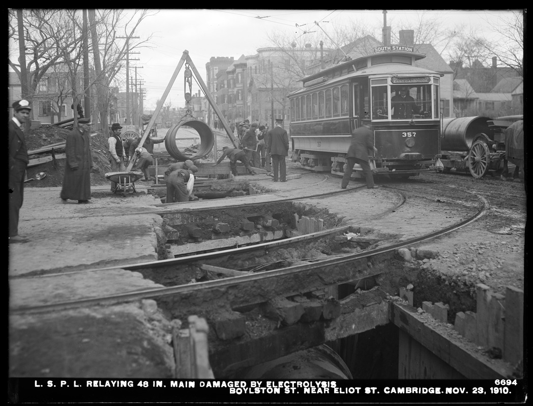 Distribution Department, Low Service Pipe Lines, relaying 48-inch main damaged by electrolysis, Boylston Street near Eliot Street, Cambridge, Mass., Nov. 23, 1910