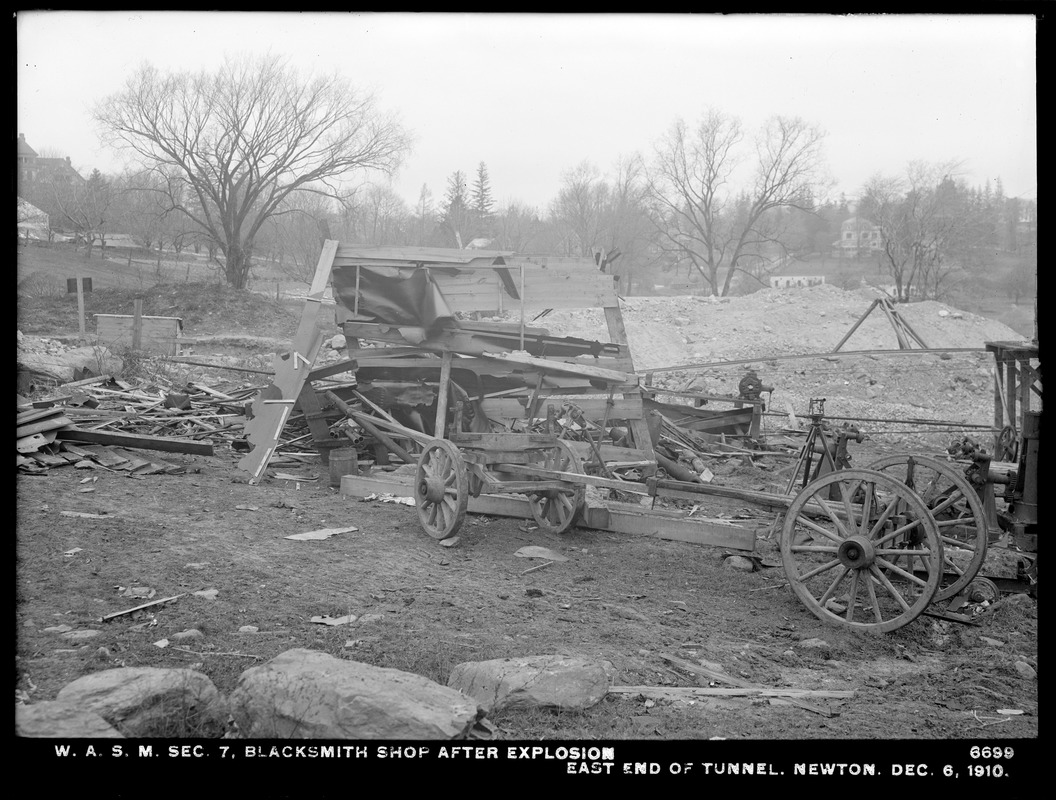 Distribution Department, Weston Aqueduct Supply Mains, Section 7, blacksmith shop after explosion, east end of tunnel, Newton, Mass., Dec. 6, 1910