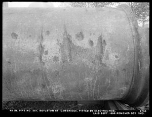 Electrolysis, 48-inch pipe No. 387 pitted by electrolysis, Boylston Street; laid September 1896, removed October 1910, Cambridge, Mass., Nov. 1910