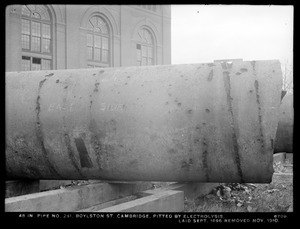 Electrolysis, 48-inch pipe No. 261 pitted by electrolysis, Boylston Street; laid September 1896, removed November 1910, Cambridge, Mass., Nov. 1910