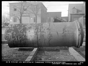 Electrolysis, 48-inch pipe No. 278 pitted by electrolysis, Boylston Street; laid September 1896, removed November 1910, Cambridge, Mass., Dec. 1910