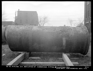 Electrolysis, 48-inch pipe No. 257 pitted by electrolysis, Boylston Street; laid September 1896, removed November 1910, Cambridge, Mass., Dec. 8, 1910