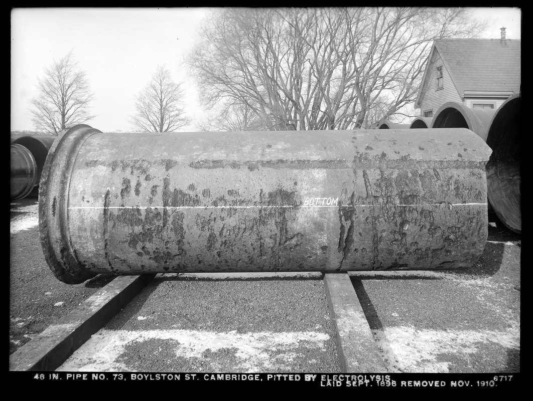 Electrolysis, 48-inch pipe No. 73 pitted by electrolysis, Boylston Street; laid September 1896, removed November 1910, Cambridge, Mass., Dec. 8, 1910