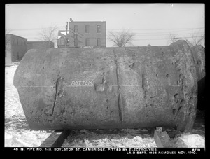 Electrolysis, 48-inch pipe No. 648 pitted by electrolysis, Boylston Street; laid September 1896, removed November 1910, Cambridge, Mass., Dec. 8, 1910