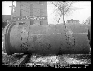 Electrolysis, 48-inch pipe No. 363 pitted by electrolysis, Boylston Street; laid September 1896, removed November 1910, Cambridge, Mass., Dec. 8, 1910