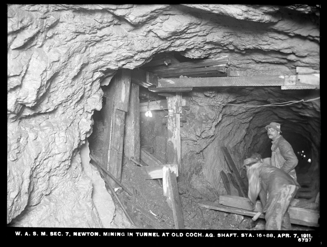 Distribution Department, Weston Aqueduct Supply Mains, Section 7, mining in tunnel at old Cochituate Aqueduct shaft, station 16+18, Newton, Mass., Apr. 7, 1911