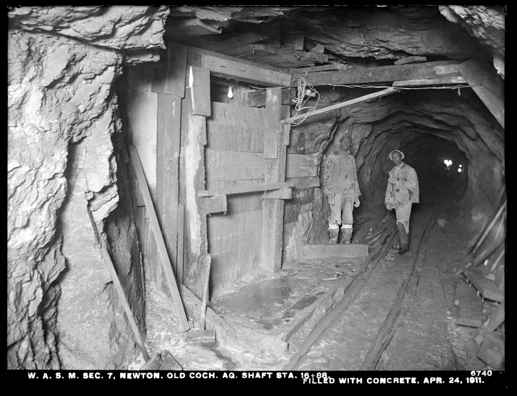 Distribution Department, Weston Aqueduct Supply Mains, Section 7, old Cochituate Aqueduct shaft, station 16+88, filled with concrete, Newton, Mass., Apr. 24, 1911
