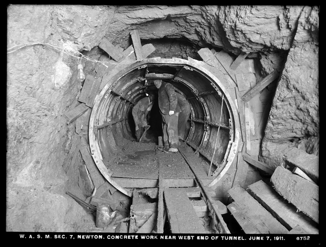 Distribution Department, Weston Aqueduct Supply Mains, Section 7, concrete work near west end of tunnel, Newton, Mass., Jun. 7, 1911