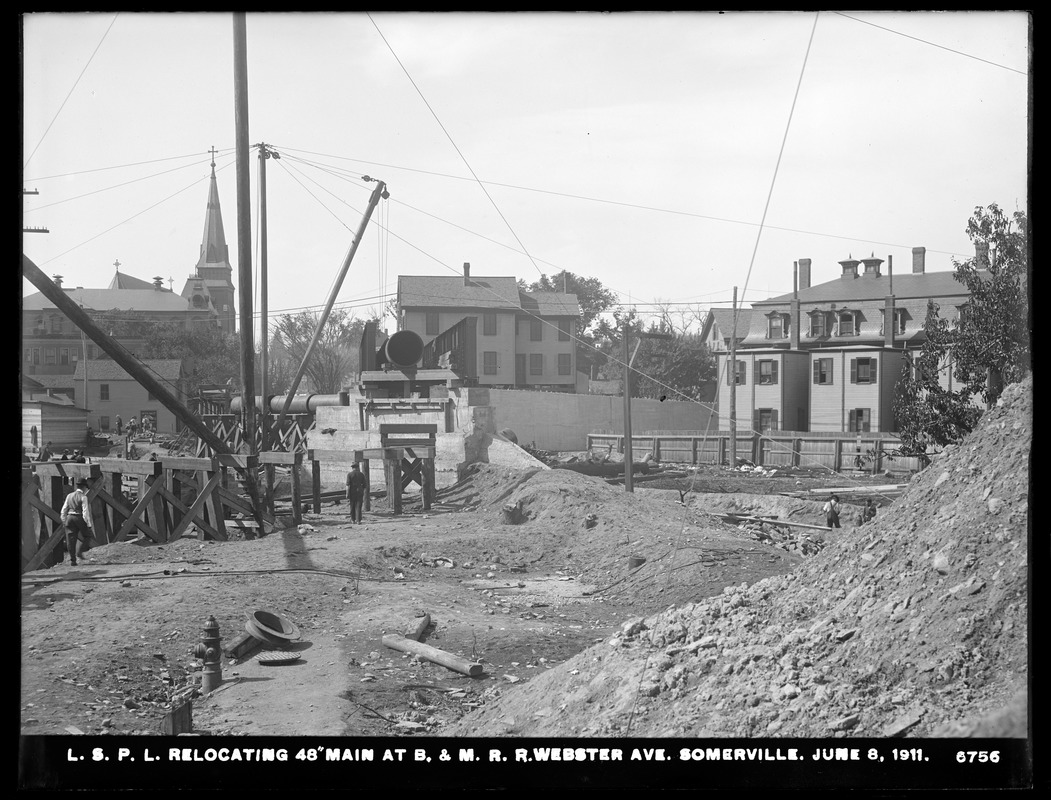 Distribution Department, Low Service Pipe Lines, relocating 48-inch main over Boston & Maine Railroad, Webster Avenue, Somerville, Mass., Jun. 8, 1911