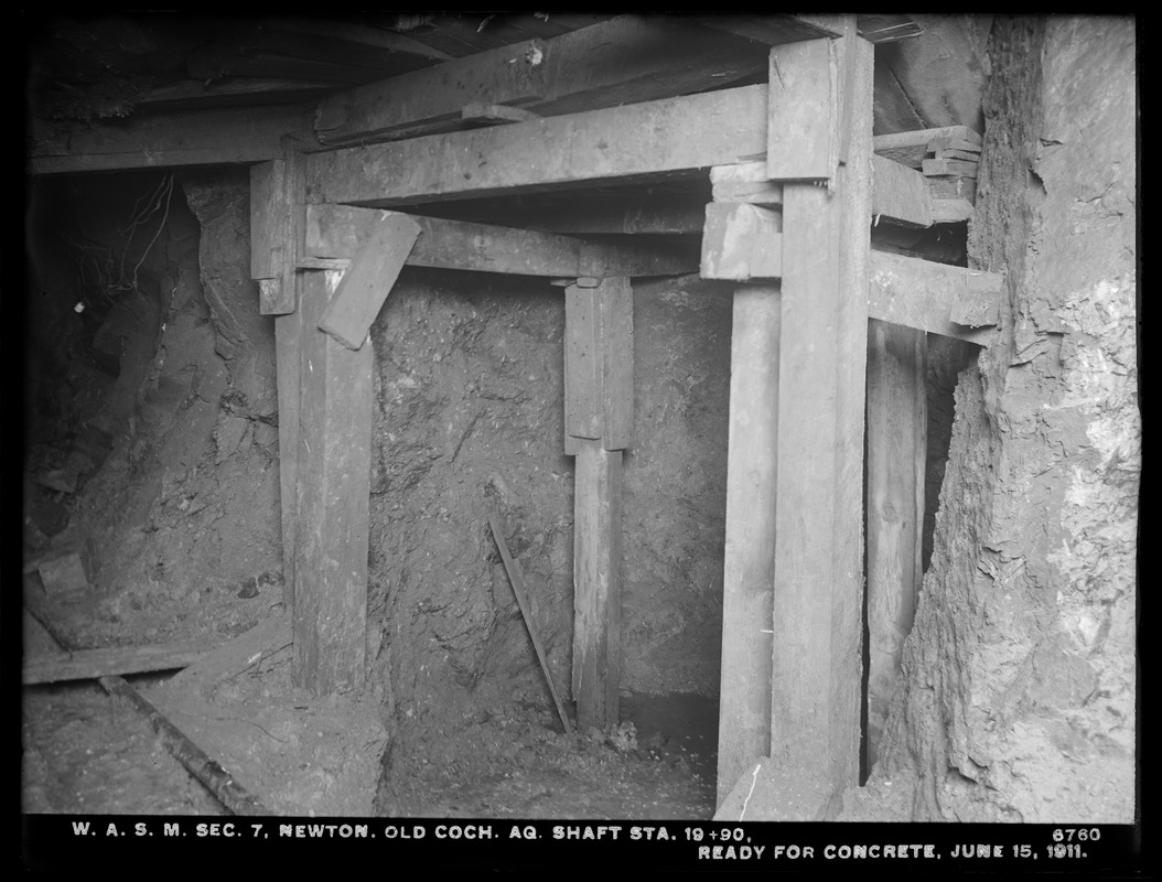 Distribution Department, Weston Aqueduct Supply Mains, Section 7, old Cochituate Aqueduct shaft, station 19+90, ready for concrete, Newton, Mass., Jun. 15, 1911