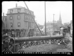 Distribution Department, Low Service Pipe Lines, relocation of 48-inch main over Boston & Maine Railroad, Webster Avenue; house on crib-work, Somerville, Mass., Jun. 20, 1911