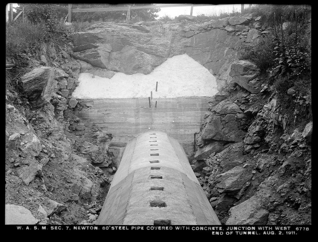 Distribution Department, Weston Aqueduct Supply Mains, Section 7, 80-inch steel pipe covered with concrete, junction with west end of tunnel, Newton, Mass., Aug. 2, 1911