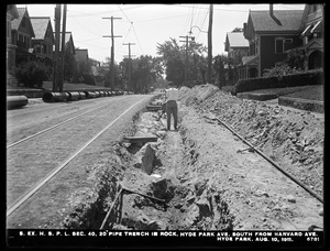 Distribution Department, Southern Extra High Service Pipe Lines, Section 40, 20-inch pipe trench in rock, Hyde Park Avenue, south from Harvard Avenue, Hyde Park, Mass., Aug. 10, 1911