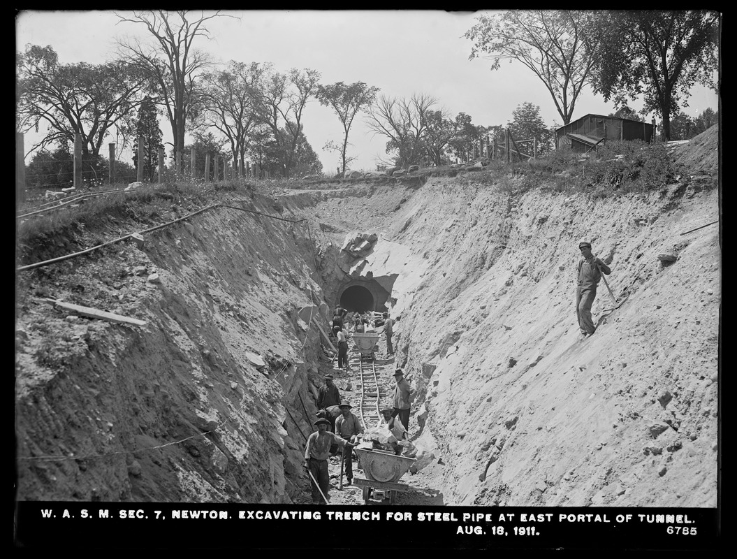 Distribution Department, Weston Aqueduct Supply Mains, Section 7, excavating trench for steel pipe at east portal of tunnel, Newton, Mass., Aug. 18, 1911