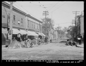 Distribution Department, Southern Extra High Service Pipe Lines, Section 40, 20-inch pipe trench, Hyde Park Avenue at River Street, Hyde Park, Mass., Oct. 9, 1911