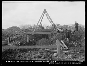 Distribution Department, Southern Extra High Service Pipe Lines, Section 41, 20-inch pipe trench under New York, New Haven & Hartford Railroad, West Roxbury, Mass., Nov. 2, 1911