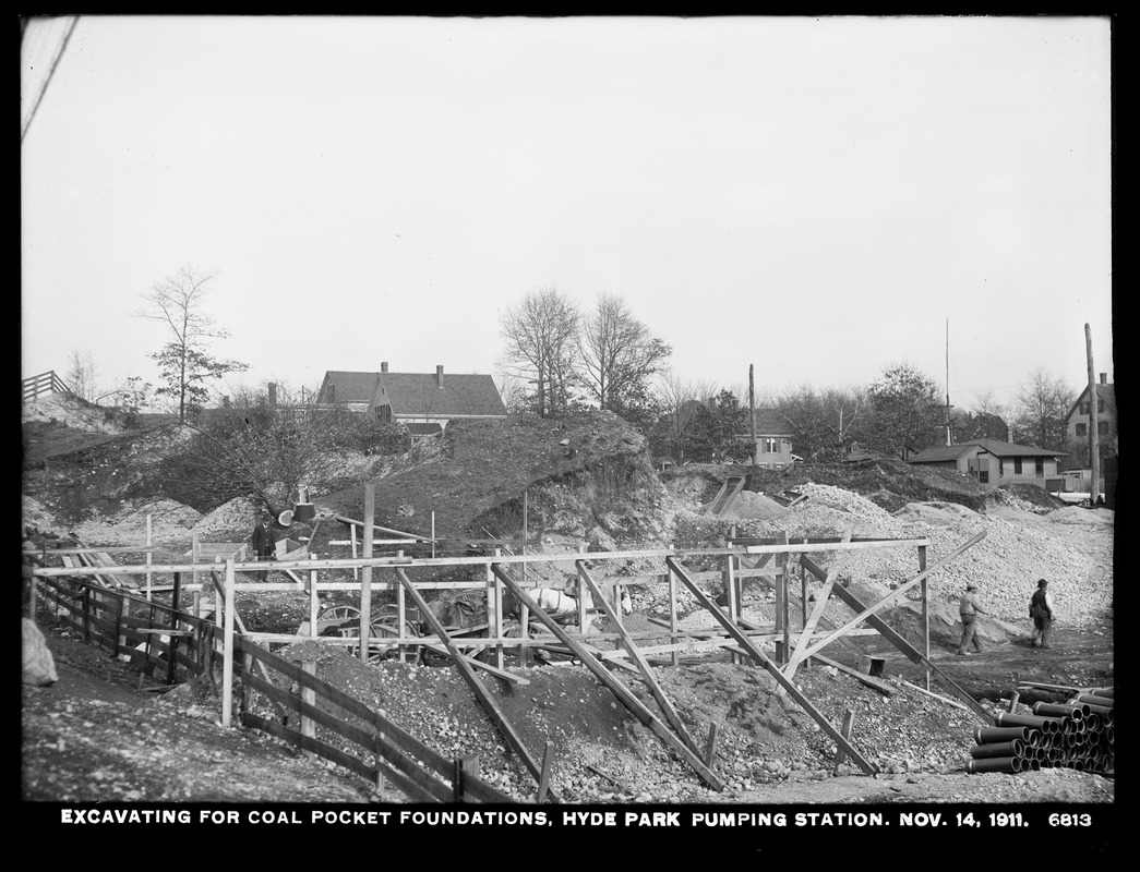 Distribution Department, Hyde Park Pumping Station, excavating for coal pocket foundations, Hyde Park, Mass., Nov. 14, 1911