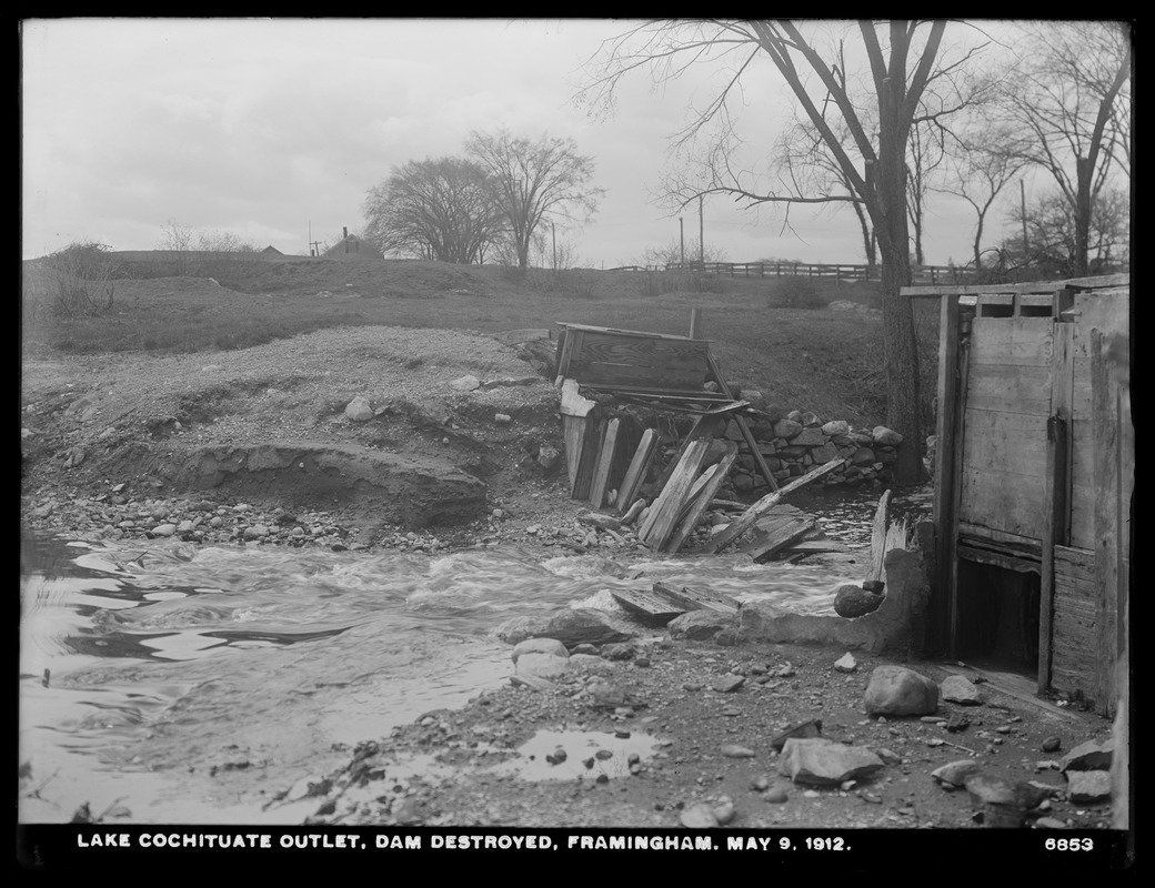 Sudbury Department, Lake Cochituate Outlet, dam destroyed, Framingham, Mass., May 9, 1912