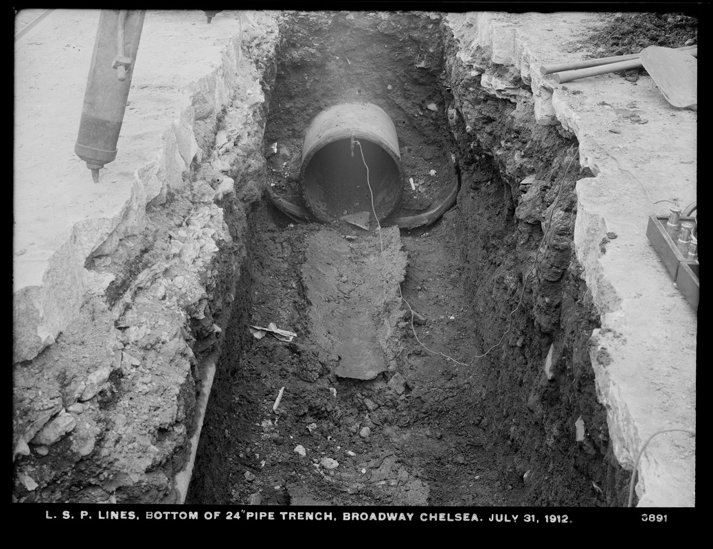 Electrolysis, Low Service Pipe Lines, bottom of 24-inch pipe trench, Broadway, Chelsea, Mass., Jul. 31, 1912