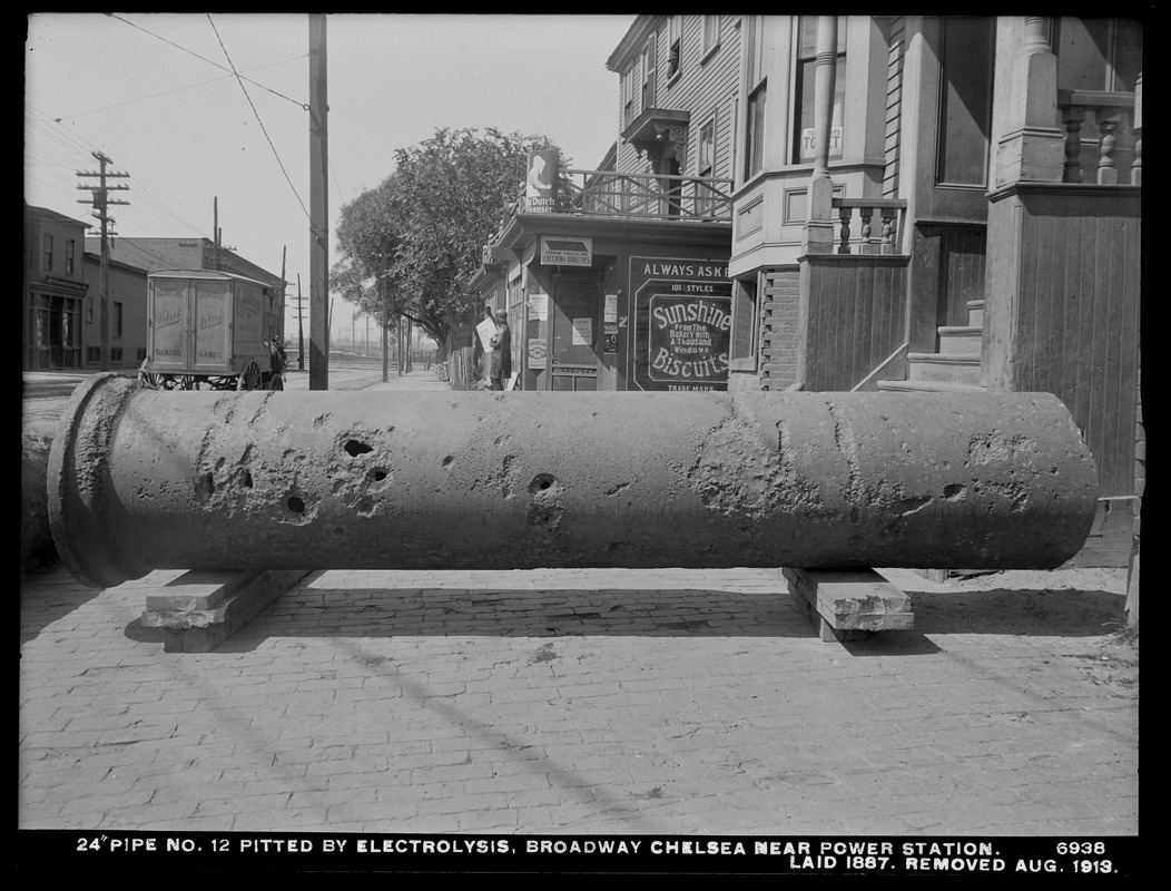 Electrolysis, Low Service Pipe Lines, 24-inch pipe No. 12, pitted by electrolysis, Broadway, near Power Station; laid 1887, removed August 1913, Chelsea, Mass., Aug. 1913
