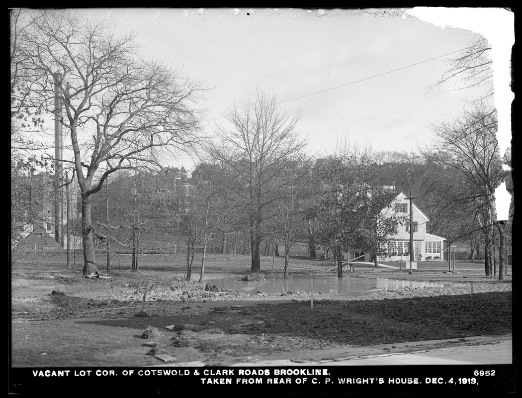 Distribution Department, break, vacant lot, corner of Cotswold and Clark Roads, taken from rear of C. P. Wright's house, Brookline, Mass., Dec. 4, 1913