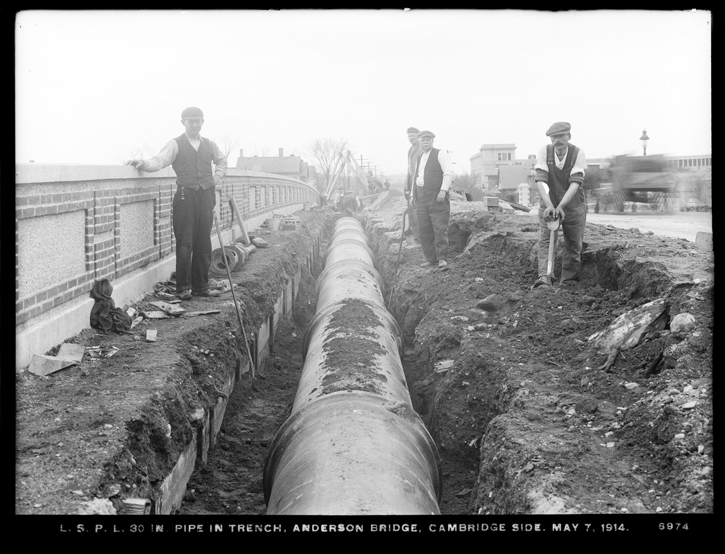 Distribution Department, Low Service Pipe Lines, 30-inch pipe in trench, Anderson Bridge, Cambridge side, Cambridge, Mass., May 7, 1914