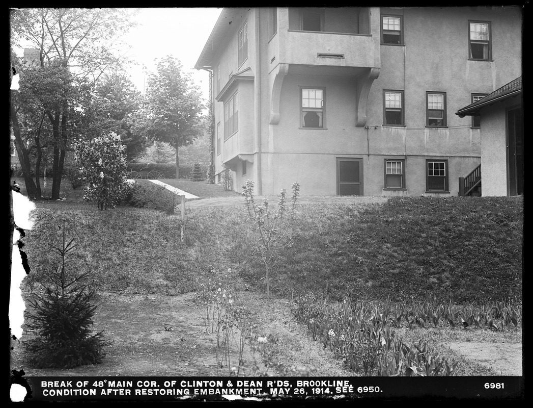 Distribution Department, break, break in 48-inch main, corner of Clinton and Dean Roads, condition after restoring embankment (compare with No. 6950), Brookline, Mass., May 26, 1914