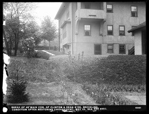 Distribution Department, break, break in 48-inch main, corner of Clinton and Dean Roads, condition after restoring embankment (compare with No. 6950), Brookline, Mass., May 26, 1914
