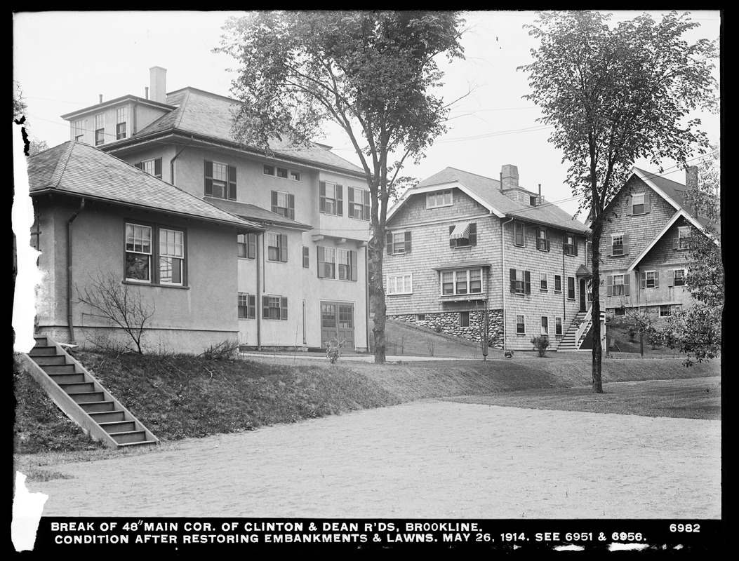 Distribution Department, break, break in 48-inch main, corner of Clinton and Dean Roads, condition after restoring embankments and lawns (compare with Nos. 6951 and 6956), Brookline, Mass., May 26, 1914