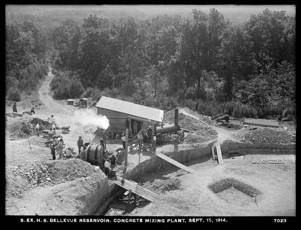 Distribution Department, Southern Extra High Service Bellevue Reservoir, concrete mixing plant, Bellevue Hill; from Water Tower, West Roxbury, Mass., Sep. 15, 1914