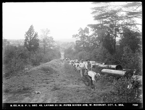 Distribution Department, Southern Extra High Service Pipe Lines, Section 42, laying 20-inch pipes, Nikish Avenue, West Roxbury, Mass., Oct. 6, 1914