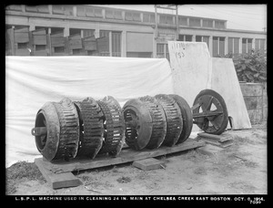 Distribution Department, Low Service Pipe Lines, machines used in cleaning 24-inch main at Chelsea Creek, East Boston, Mass., Oct. 8, 1914