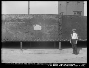 Distribution Department, Southern Extra High Service Bellevue Reservoir, bottom and lower course of steel tank on blocking 2 feet above the foundation, Bellevue Hill, West Roxbury, Mass., Nov. 4, 1914