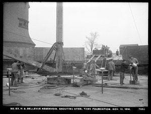 Distribution Department, Southern Extra High Service Bellevue Reservoir, grouting steel tank foundation, Bellevue Hill, West Roxbury, Mass., Nov. 13, 1914