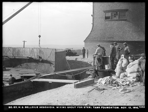 Distribution Department, Southern Extra High Service Bellevue Reservoir, mixing grout for steel tank foundation, Bellevue Hill, West Roxbury, Mass., Nov. 13, 1914