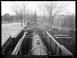 Distribution Department, Southern High Service Pipe Lines, pipe bridge over Boston & Albany Railroad, Chestnut Hill Avenue, showing bridge after making repairs (compare with No. 7042), Brookline, Mass., Feb. 26, 1915