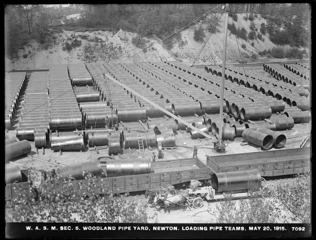 Distribution Department, Weston Aqueduct Supply Mains, Section 5, Woodland Pipe Yard, loading pipe teams, Newton, Mass., May 20, 1915