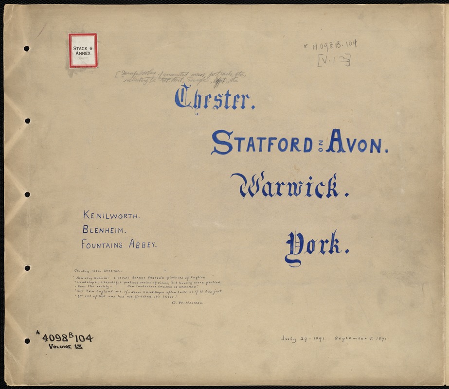 Chester. Stratford-on-Avon. Warwick. York