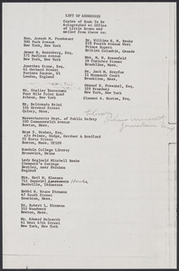 Herbert Brutus Ehrmann Papers, 1906-1970. Sacco-Vanzetti. Lists of persons to receive copy. Box 8, Folder 6, Harvard Law School Library, Historical & Special Collections
