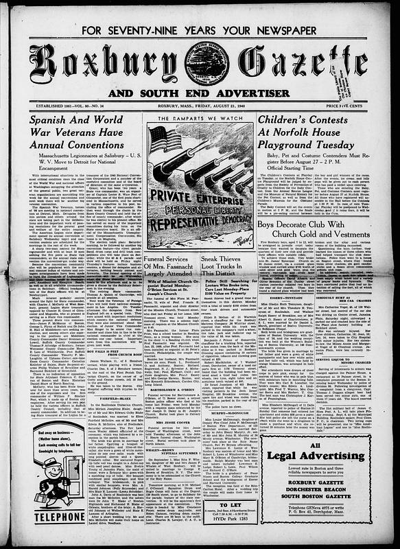 Roxbury Gazette and South End Advertiser, August 23, 1940 Digital Commonwealth