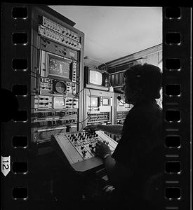 TV control room in trailer at Fenway Park, Boston