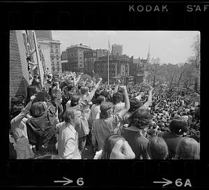 Kent State shootings demonstration: Angry fists and crowd, State House, Boston Common
