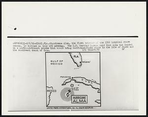 Hurricane Alma, the first twister of the 1966 tropical storm season, is spotted on this UPI newsmap. The U.S. Weather Bureau said that Alma was headed on a north-northeast course that would bring hurricane-force winds to the Isle of Pines and the southwest coast of Cuba.